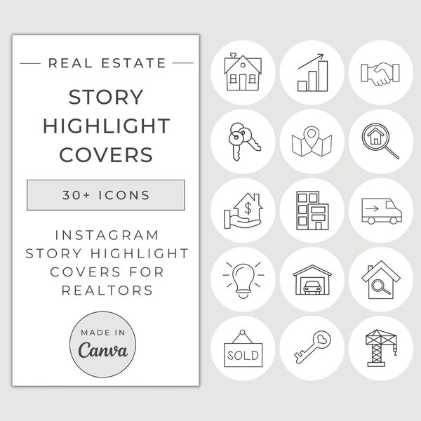 Real Estate Instagram Story Highlight Covers / Minimal Icons for Realtors, Agents / Editable Canva Templates / Illustration / Agent Profile