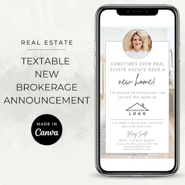 Textable New Brokerage Announcement / Digital Card / Change Broker Announcement for Realtors / Real Estate Marketing / Canva Template