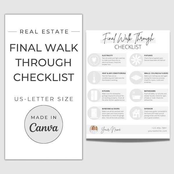 Final Walk Through Checklist Template for Home Buyers / Realtor Flyer / Canva Template for Real Estate Agents before Closing / Form / House