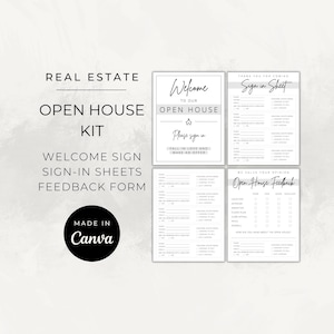 Realtor’s Open House Kit: Sign-In Sheet, Welcome Sign, Feedback Form (Real Estate Canva Template)