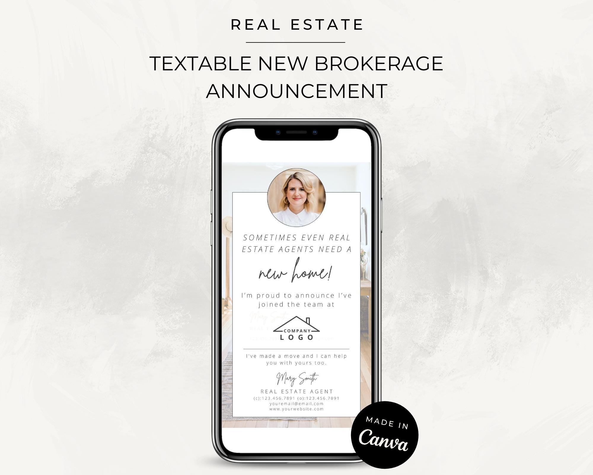 Realtor New Brokerage Announcement: Textable Digital Card (Real Estate Canva Template)