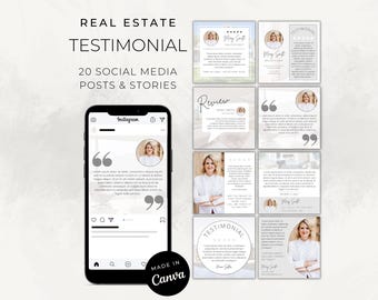 Testimonial Instagram Posts and Stories for Real Estate Agents, Realtor / Canva Templates / Social Media Marketing / Client Review