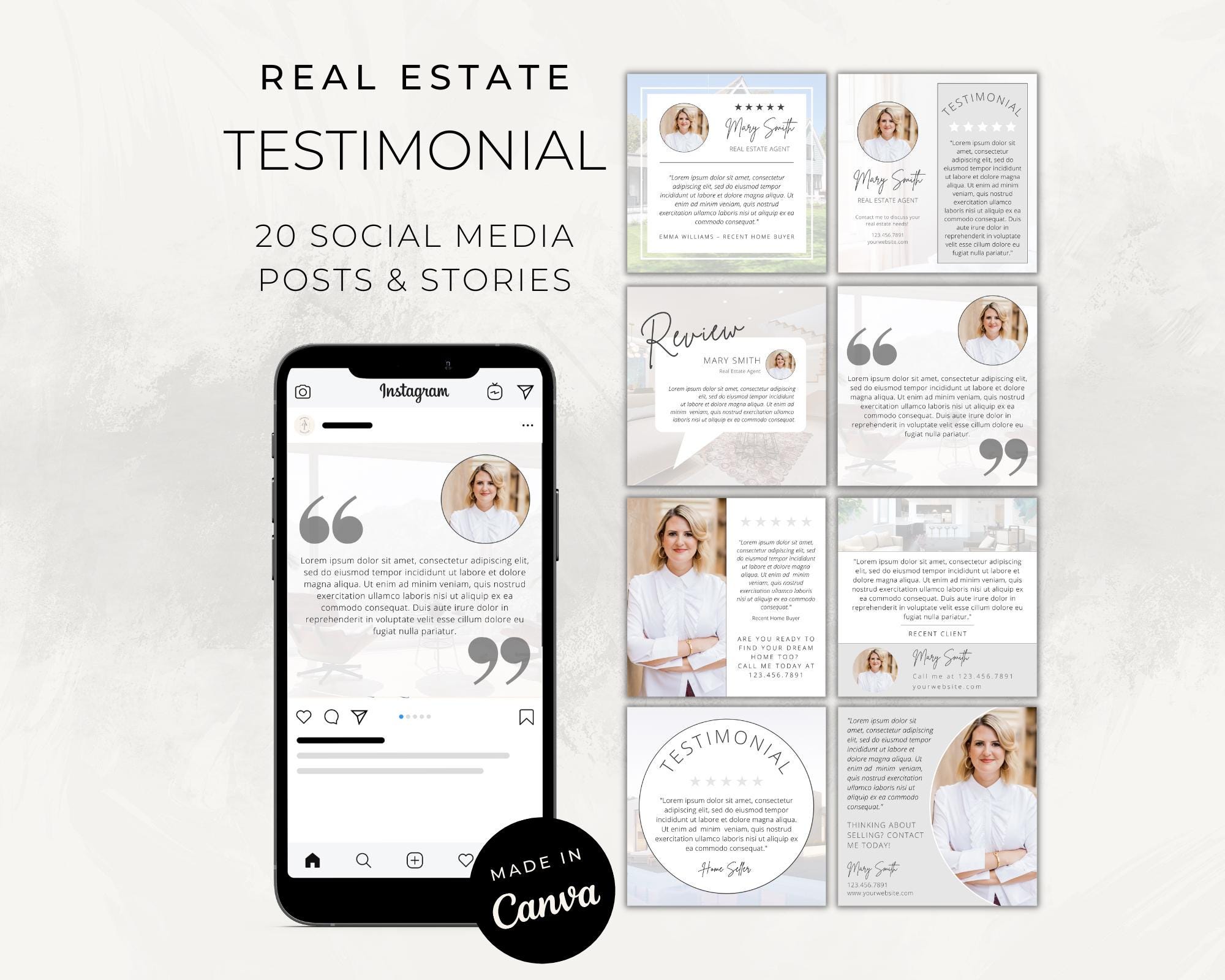 Realtor Testimonial Social Media Posts & Stories (Instagram, Facebook): Real Estate Canva Templates for Reviews