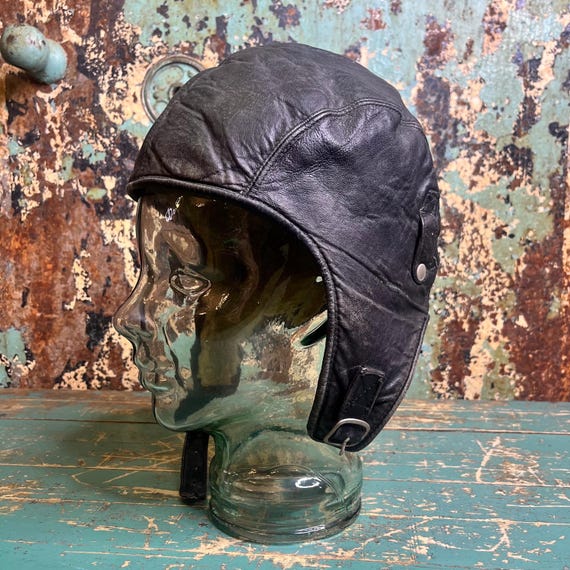 Vintage Black Leather Sherpa Lined Flight Cap