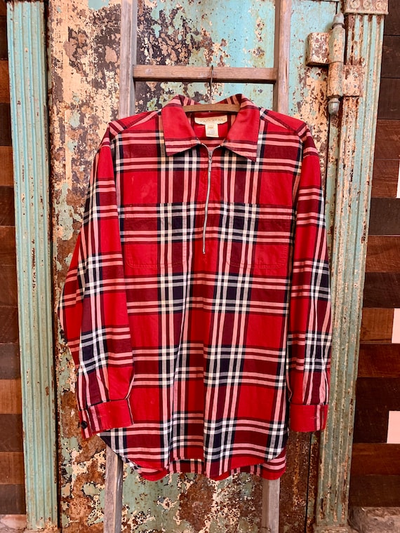 Vintage 1980s Does 1950s Plaid Cotton Quarter Zip… - image 1