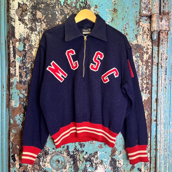 Vintage 1940s Blue Wool  Zip Sports Jacket Large - image 2