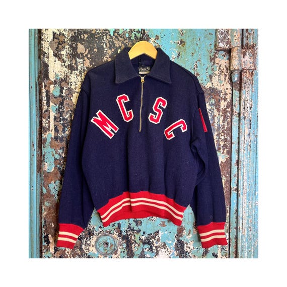 Vintage 1940s Blue Wool  Zip Sports Jacket Large - image 1