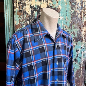 トップス 60's CHANDLER Print Flannel Shirt Vintage Mens Cotton Flannel Shirt 1960s Rockabilly Red Plaid