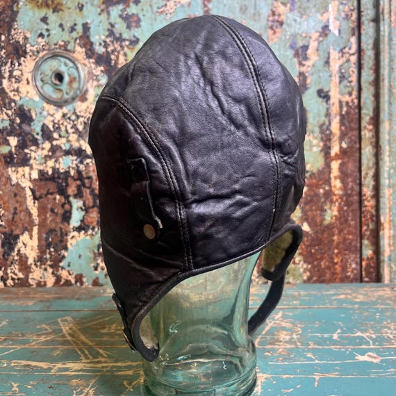 Vintage Black Leather Sherpa Lined Flight Cap View 5
