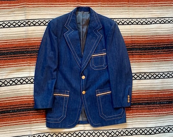 Vintage 1970s Blue Denim Western Sport Coat Size 42