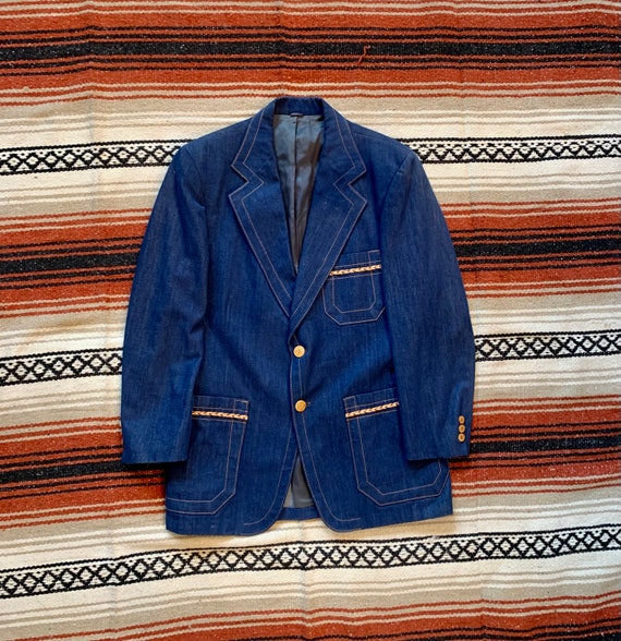 Vintage 1970s Blue Denim Western Sport Coat Size … - image 1