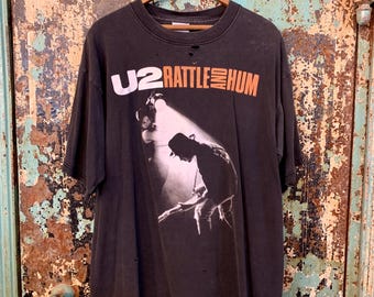 Vtg 1988 U2 Rattle and Hum T-shirt Black L 80s Bono Edge New Wave