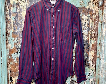 Vintage 1950s 1960s Burgundy Stripe Button Down Oxford Shirt Medium