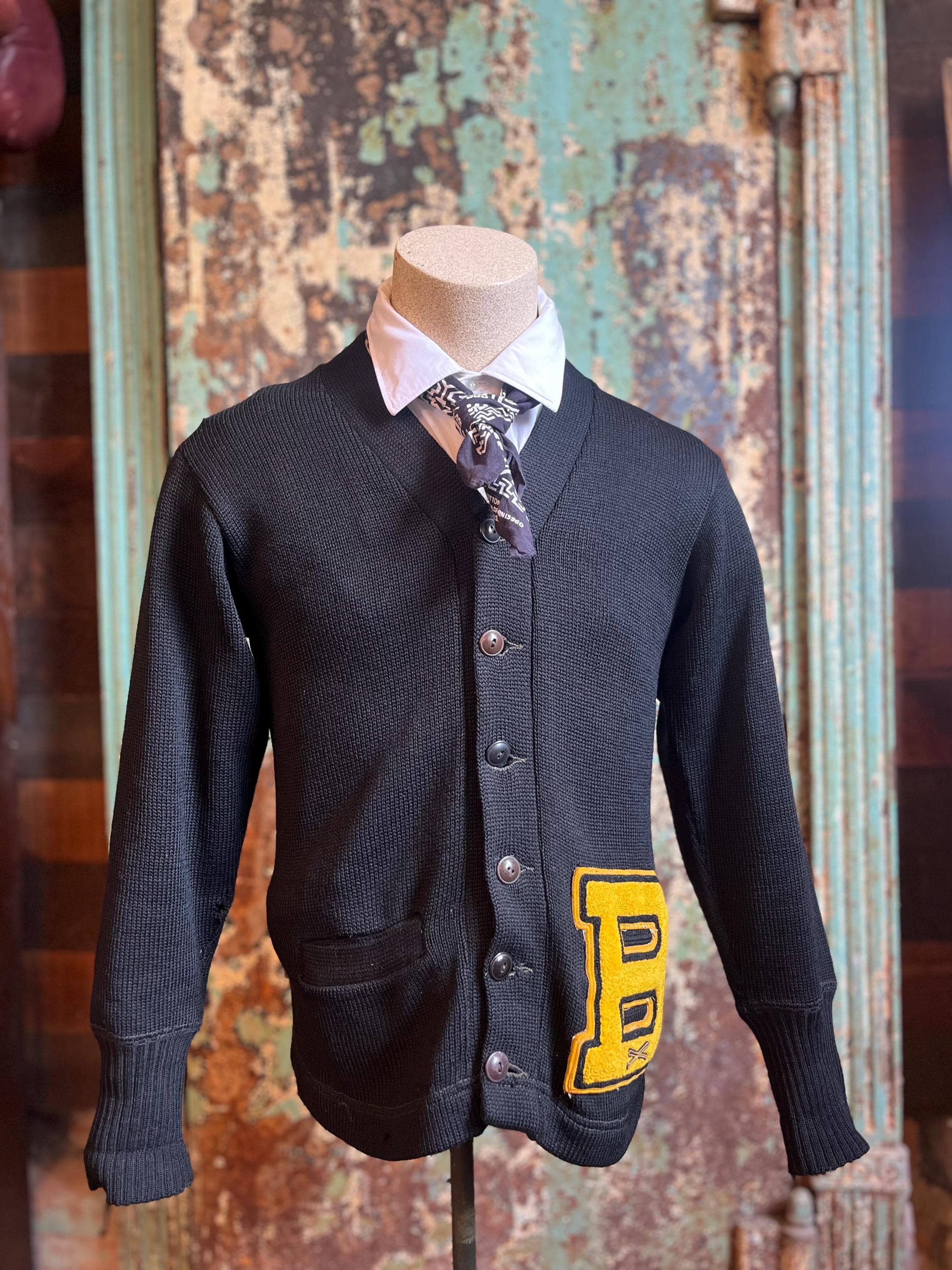 Vintage 1940s 1950s Sweater Black Wool Knit Collegiate Cardigan