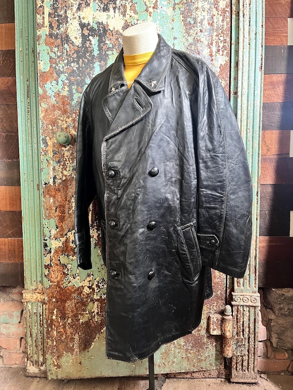 Vintage 1950s Italian Army Police Double Breasted Black Leather