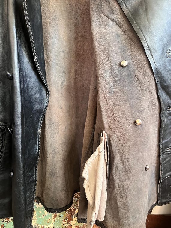 Vintage 1950s Italian Army Police Double Breasted Black Leather