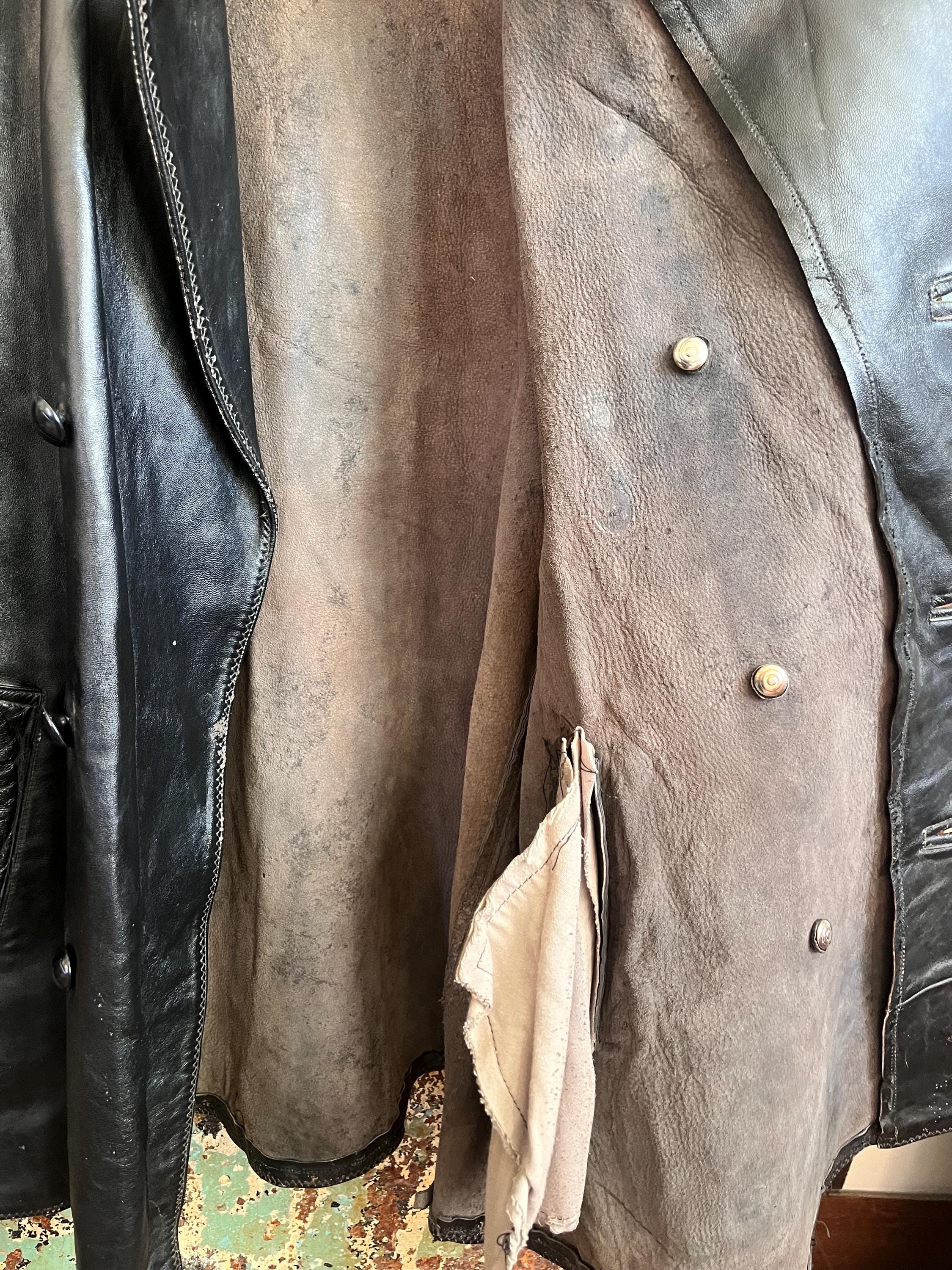 Vintage 1950s Italian Army Police Double Breasted Black Leather