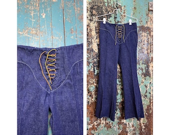 Vintage 1960s 1970s Lace Closure Bell Bottom Jeans 28x29