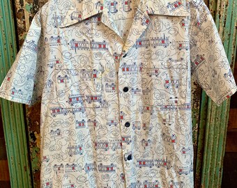 Vintage Homemade 1950s 1960s Locomotive Print Short Sleeve Shirt XL