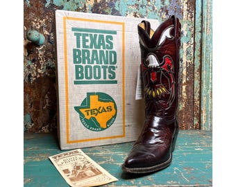 Vintage Texas Brand Eagle Inlay Cowboy Boots Size 8D