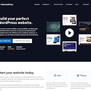 Könnte beinhalten: Dunkelblaues Website-Interface für GeneratePress mit dem Text "Build your perfect WordPress website." Die Seite enthält eine "Get Started"-Schaltfläche, Website-Beispiele und Statistiken. Die Website bietet Tools für Website-Ersteller.