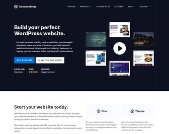 Puede incluir: Interfaz de sitio web azul oscuro para GeneratePress, con el texto "Build your perfect WordPress website." La página incluye un botón "Get Started", ejemplos de sitios web y estadísticas. El sitio ofrece herramientas para creadores de sitios web.