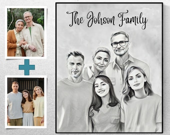 Pencil Family Portrait, Add Deceased Loved One To Photo, Add People To Photo, Family Portrait From Photo, Memorial Sketch,  Combine Photos