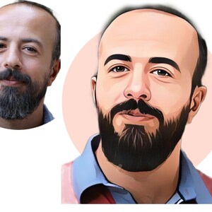 Puede incluir: Una ilustraci&oacute;n digital de un hombre con barba y pelo corto. El hombre lleva una camisa azul con cuello rosa y una camiseta blanca. El fondo es un c&iacute;rculo rosa claro.