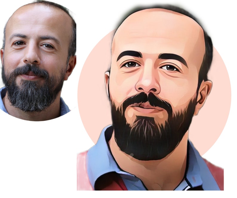 Puede incluir: Una ilustraci&oacute;n digital de un hombre con barba y pelo corto. El hombre lleva una camisa azul con cuello rosa y una camiseta blanca. El fondo es un c&iacute;rculo rosa claro.