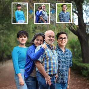 May include: A family portrait with two women and two men. The women are wearing blue shirts and the men are wearing plaid and patterned shirts. The family is standing in a park with green trees and bushes in the background.