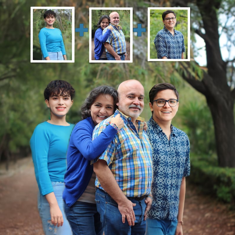 May include: A family portrait with two women and two men. The women are wearing blue shirts and the men are wearing plaid and patterned shirts. The family is standing in a park with green trees and bushes in the background.