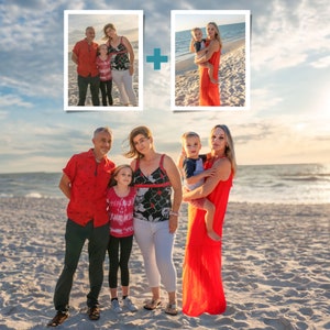 May include: A family of five poses on a sandy beach at sunset. The adults are wearing red and white clothing, while the children are wearing red, white, and blue clothing. The family is smiling and looking at the camera.