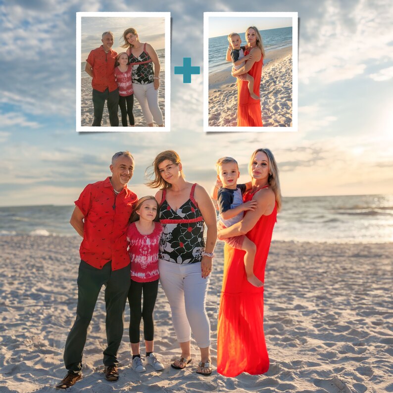 May include: A family of five poses on a sandy beach at sunset. The adults are wearing red and white clothing, while the children are wearing red, white, and blue clothing. The family is smiling and looking at the camera.