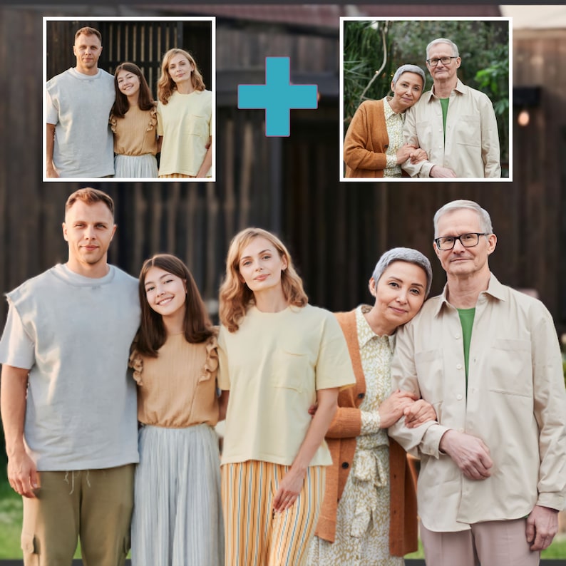 May include: Two couples stand together, smiling. The women are wearing light-colored tops and skirts. The men are wearing light-colored shirts and pants. The background is a wooden wall.