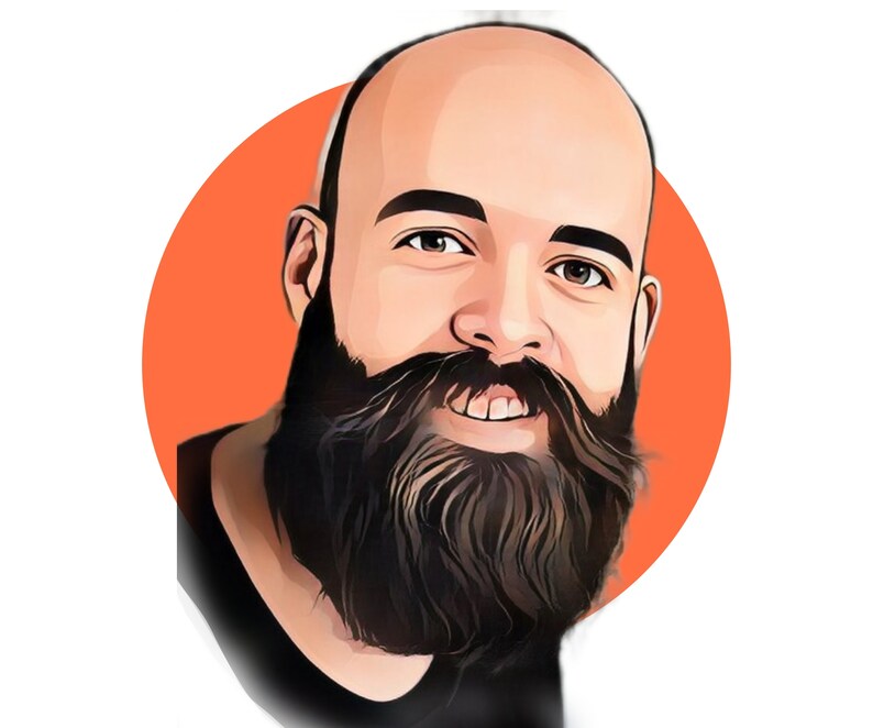 Puede incluir: Una ilustraci&oacute;n de dibujos animados de un hombre con una barba espesa de color marr&oacute;n oscuro y un fondo naranja claro.