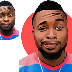 Puede incluir: Una ilustraci&oacute;n digital de un hombre con una camisa a rayas rosa y azul. El hombre tiene una tez oscura, cabello negro corto y barba. El fondo es un c&iacute;rculo rojo s&oacute;lido.