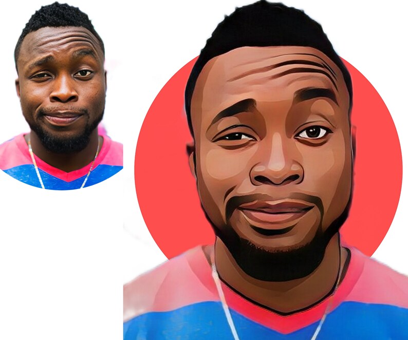 Puede incluir: Una ilustraci&oacute;n digital de un hombre con una camisa a rayas rosa y azul. El hombre tiene una tez oscura, cabello negro corto y barba. El fondo es un c&iacute;rculo rojo s&oacute;lido.