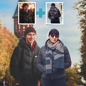 May include: Two people wearing winter jackets and scarves. The person on the left is wearing a black jacket with a white logo, a black beanie, and a gray scarf. The person on the right is wearing a dark blue jacket with a gray and blue scarf, black sunglasses, and a black beanie.