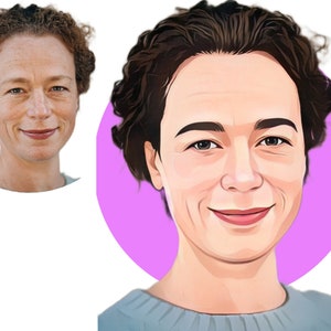 Puede incluir: Una ilustraci&oacute;n digital de una mujer con cabello casta&ntilde;o rizado. Ella sonr&iacute;e y lleva un su&eacute;ter azul claro. El fondo es un c&iacute;rculo morado s&oacute;lido.