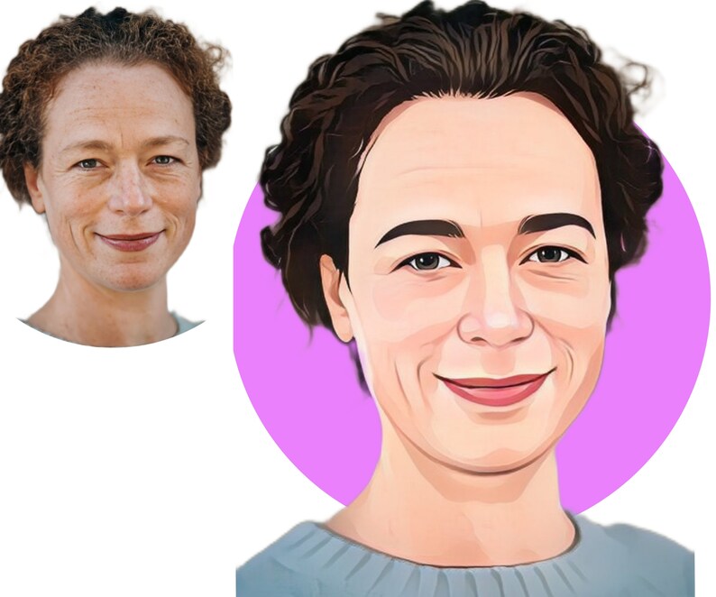Puede incluir: Una ilustraci&oacute;n digital de una mujer con cabello casta&ntilde;o rizado. Ella sonr&iacute;e y lleva un su&eacute;ter azul claro. El fondo es un c&iacute;rculo morado s&oacute;lido.