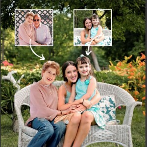 May include: Three generations of women sitting on a white wicker bench outdoors. The older woman is wearing a pink sweater and blue jeans. The middle woman is wearing a green tank top and blue jeans. The youngest woman is wearing a blue dress. They are all smiling.