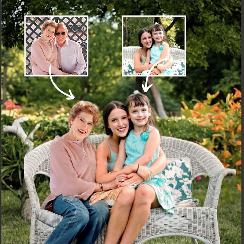 May include: Three generations of women sitting on a white wicker bench outdoors. The older woman is wearing a pink sweater and blue jeans. The middle woman is wearing a green tank top and blue jeans. The youngest woman is wearing a blue dress. They are all smiling.