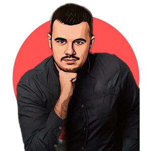Puede incluir: Un hombre con el pelo corto y oscuro lleva una camisa negra con botones. Est&aacute; mirando a la c&aacute;mara con una expresi&oacute;n seria. Tiene barba y bigote. El fondo es un c&iacute;rculo rojo.