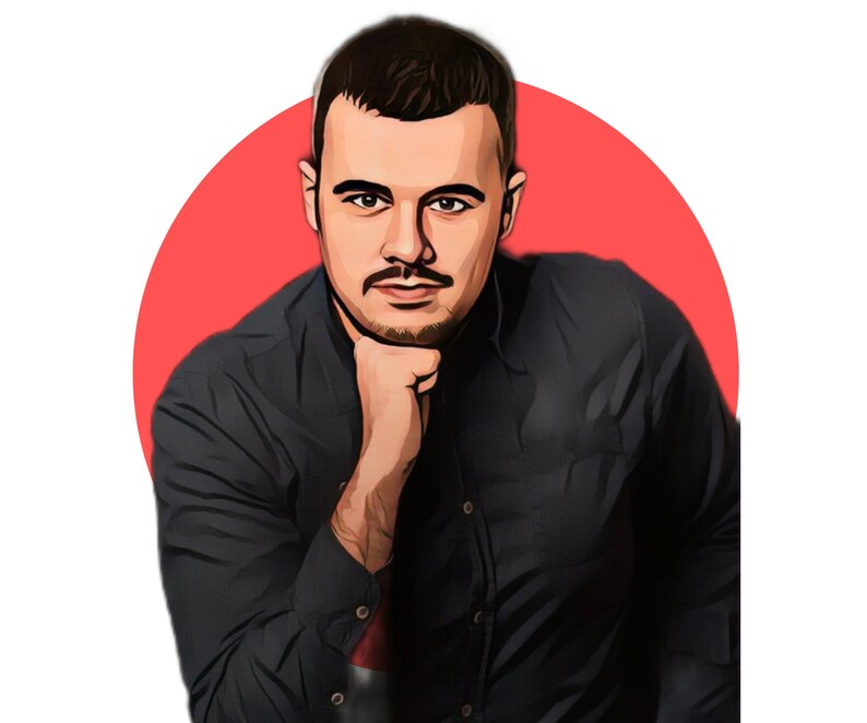 Puede incluir: Un hombre con el pelo corto y oscuro lleva una camisa negra con botones. Est&aacute; mirando a la c&aacute;mara con una expresi&oacute;n seria. Tiene barba y bigote. El fondo es un c&iacute;rculo rojo.