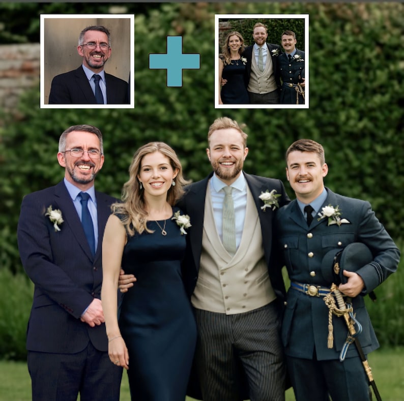 May include: A group of four people standing together in a garden setting. Two men are wearing suits, one man is wearing a military uniform, and one woman is wearing a dark blue dress.