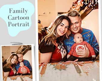 Portrait de famille personnalisé, portrait de couple, portrait dessin animé à partir d'une photo, portrait de famille dessin animé, portrait dessin animé avec animal de compagnie, cadeau de Noël