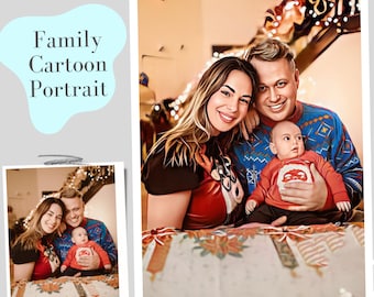 Retrato familiar personalizado de dibujos animados con mascota, un regalo de Navidad único