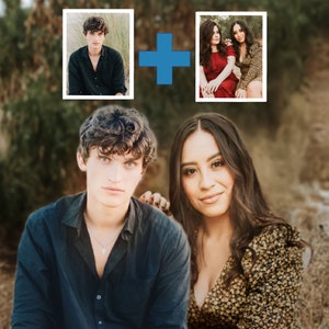 May include: A couple poses for a photo in front of a blurred background of green foliage. The woman is wearing a floral print dress and the man is wearing a dark blue button-down shirt.