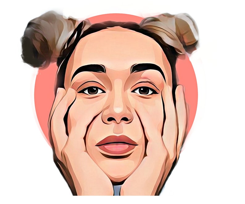 Puede incluir: Una ilustraci&oacute;n digital de una persona con cabello casta&ntilde;o en dos mo&ntilde;os, con un rubor rosado y sosteniendo su rostro con ambas manos.