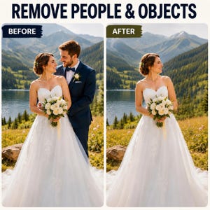 以下が含まれることがあります： REMOVE PEOPLE & OBJECTSというタイトルの分割画面グラフィックで、結婚式の写真のビフォーアフターを比較しています。左側には山岳風景の中に結婚式の衣装を着たカップルが写っており、右側には花嫁だけが写っています。